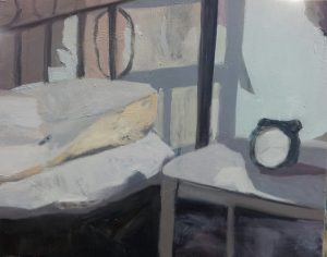 Bed and sidetable, oil on canvas 50 x 60 cm